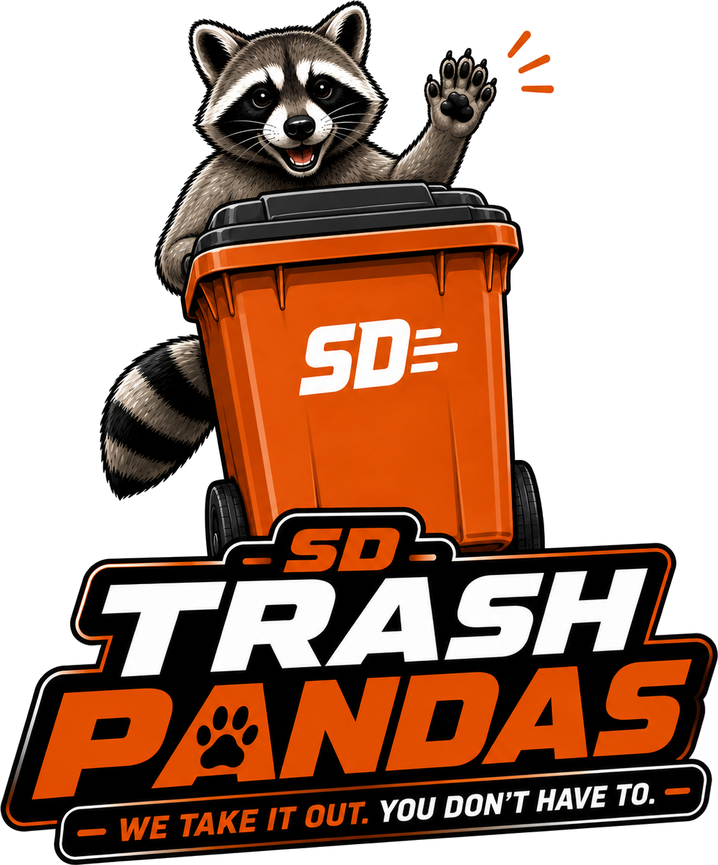 SD Trash Pandas raccoon mascot waving from an orange trash bin
