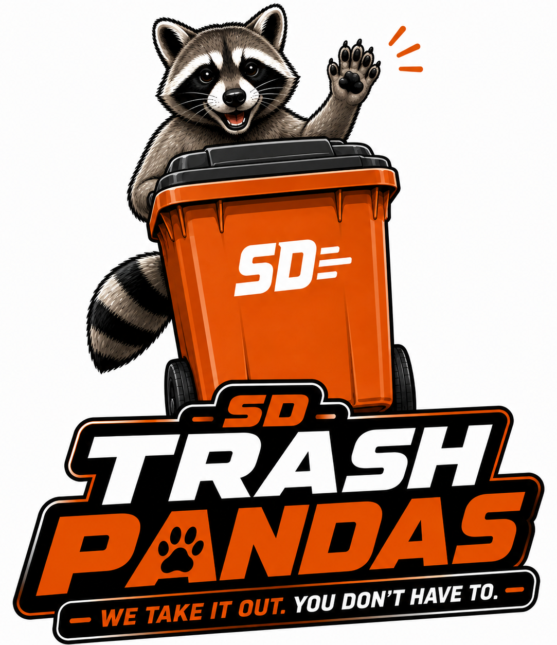SD Trash Pandas raccoon mascot waving from an orange trash bin